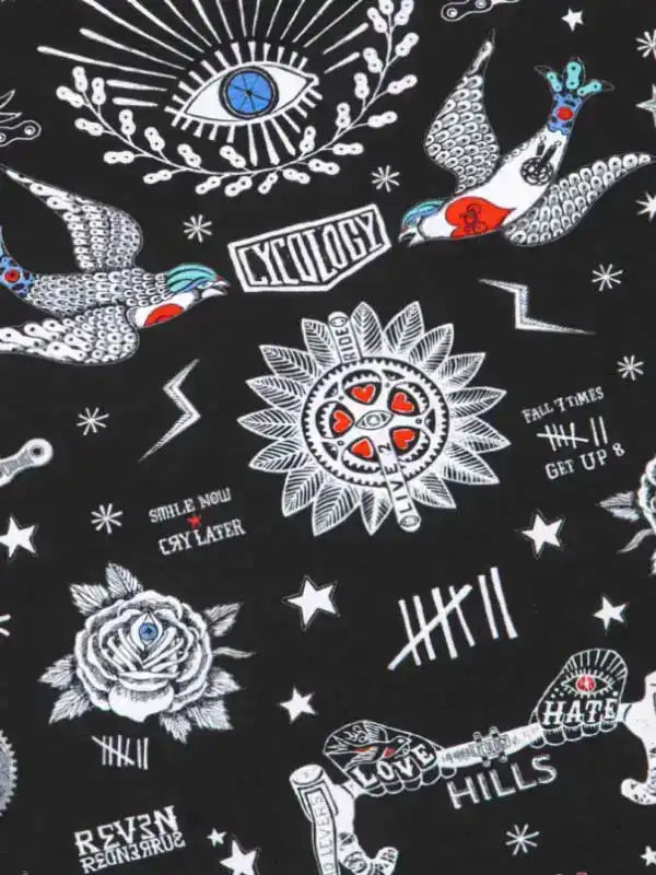 Black cycling fabric with white and blue tattoo-style designs, including eyes, birds, roses, and motivational phrases