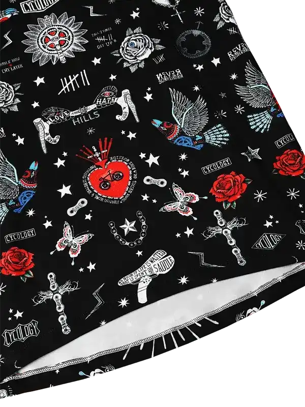 Black cycling jersey with vibrant red roses, stars, and unique tattoo-style designs for men and women.