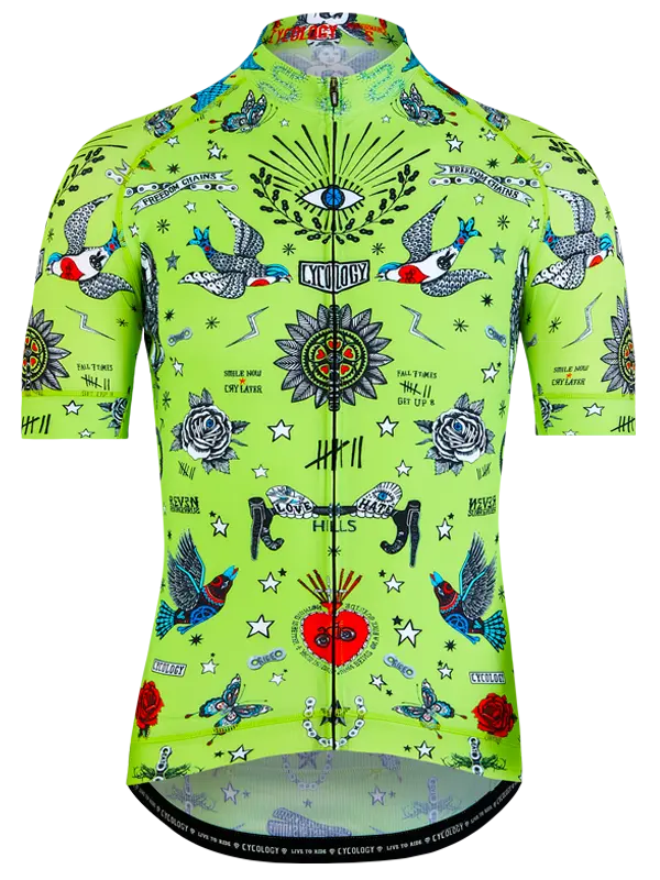 Colorful green cycling jersey with various designs on a white background