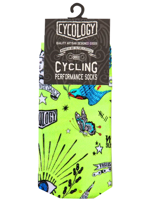 Tattoo Lime Cycling Socks  Packaging | Cycology AUS