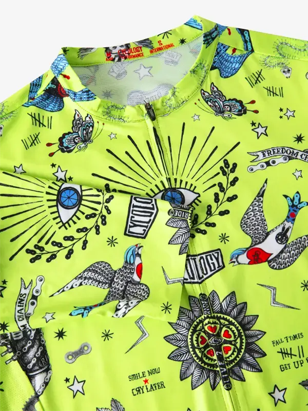 Brightly colored cycling jersey with tattoos and symbols on a green background