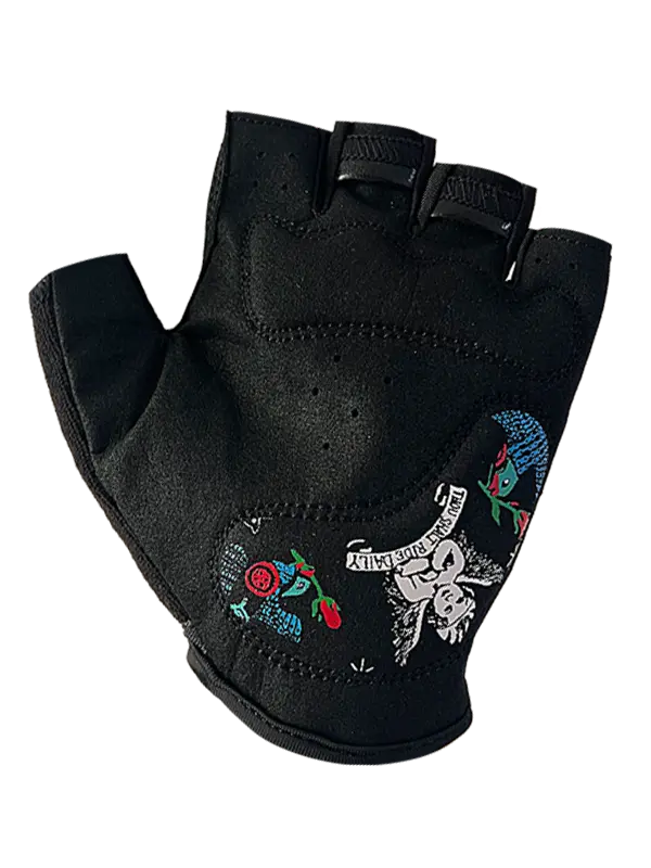 Black glove with colorful designs on a white background