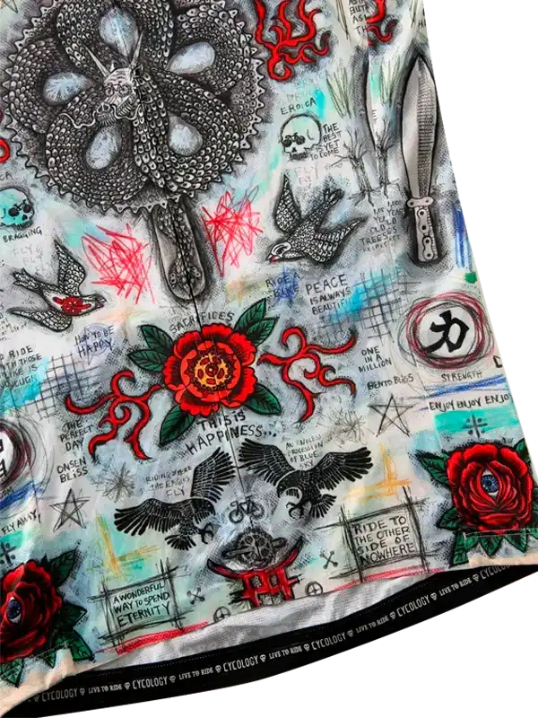 Cycling jersey with bold red roses, skulls, and edgy graphics for men and women riders.