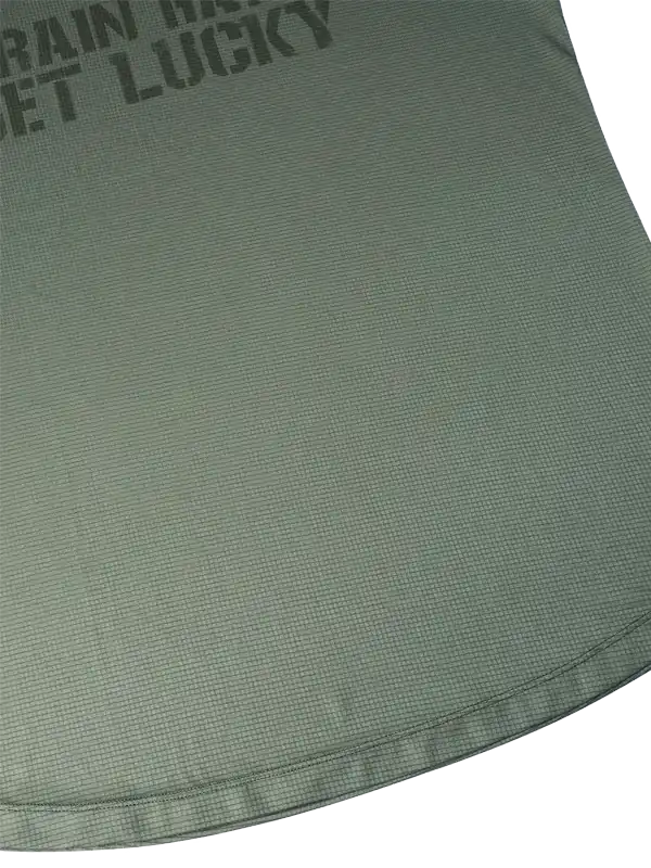 Olive green cycling jersey with 'TRAIN HARD GET LUCKY' text, breathable fabric detail