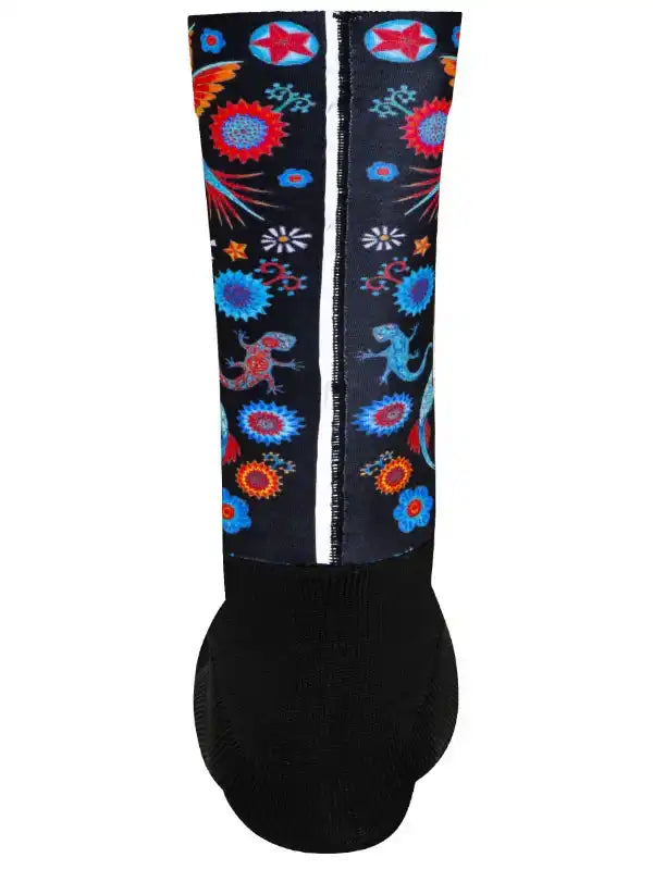 Colorful floral and lizard print cycling socks with black base, ideal for men's and women's bike rides