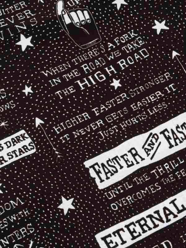 Cycling apparel fabric with motivational quotes, stars, and arrows on dark background
