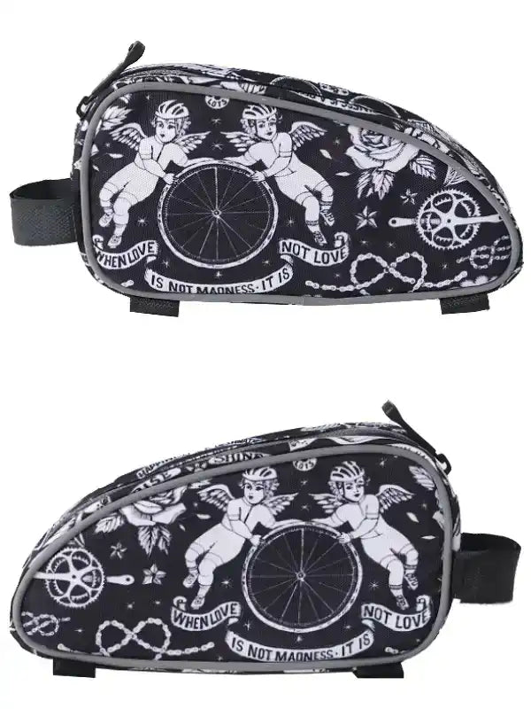 Black and white cycling frame bag with angel and bike wheel design, ideal for bike commuters and road cyclists