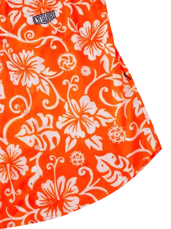 Vibrant orange cycling shirt with white hibiscus floral print and brand logo, ideal for men's and women's bike wear.
