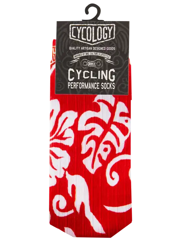 Red and white patterned cycling performance socks with bold tribal design, ideal for bike culture enthusiasts.