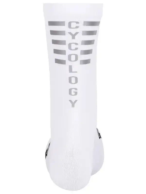 White cycling socks with gray 'CYCOLOGY' text and stripes, ideal for men's and women's cycling apparel