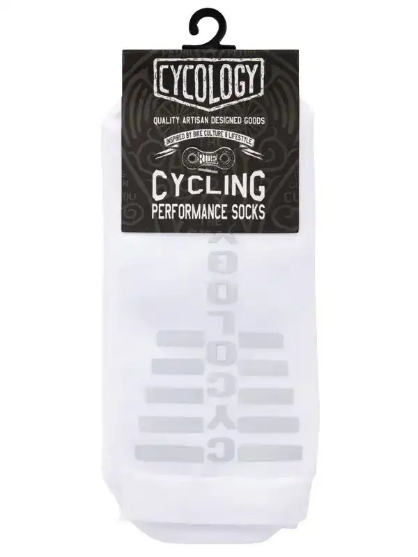 White cycling performance socks with gray branding, designed for bike culture and comfort.