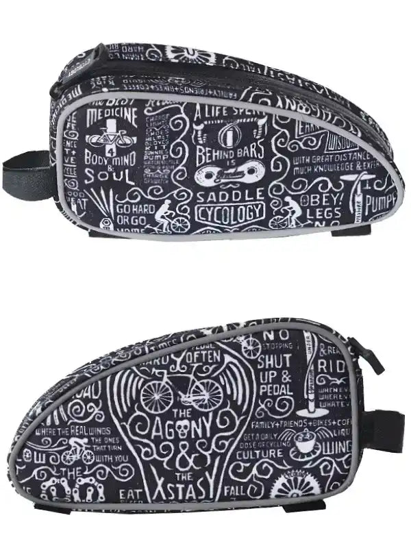 Cycling saddle bag with bold black-and-white typography and bike-themed graphics, perfect for road or mountain biking gear.