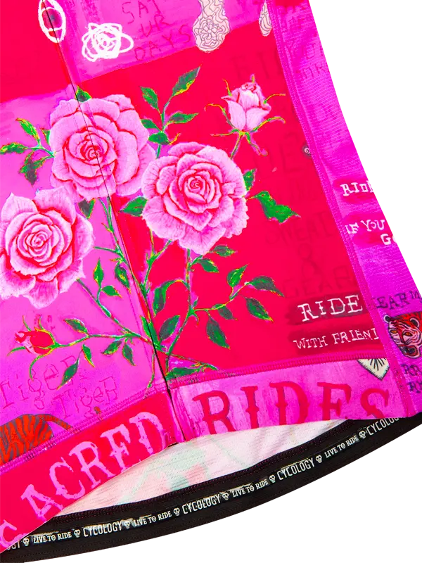 Pink and red fabric with floral designs and text on a white background