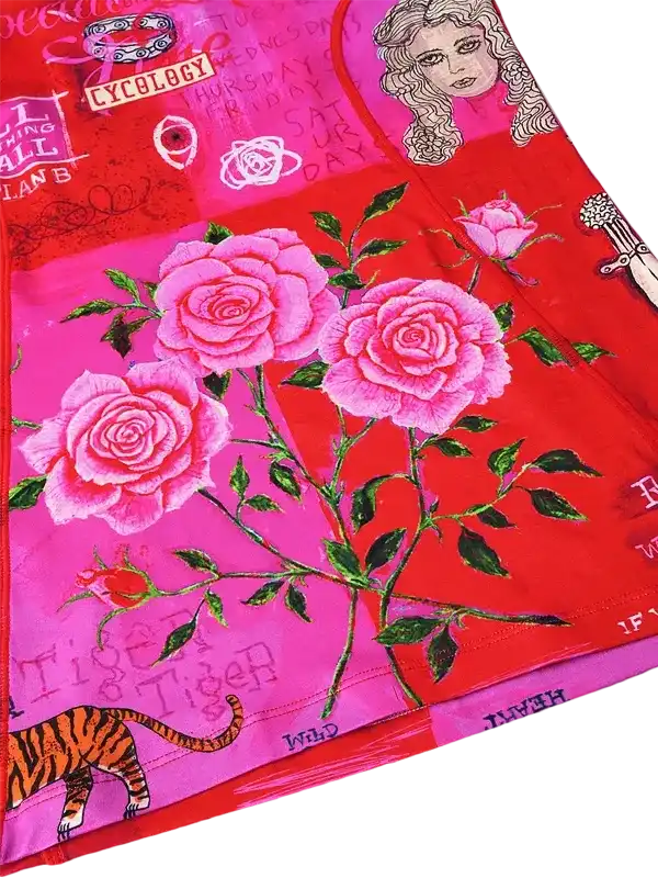 Vibrant pink rose print cycling jersey with tiger and graphic details, women's cycling apparel