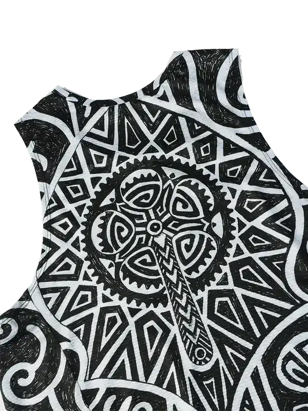Black and white geometric cycling jersey with gear and tribal pattern design