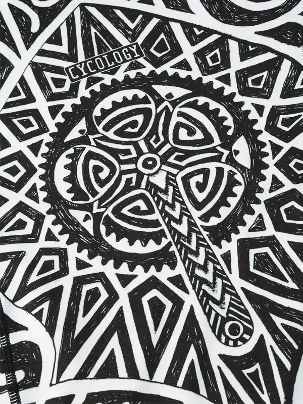 Black and white geometric cycling apparel design with gear motif and Cycology logo