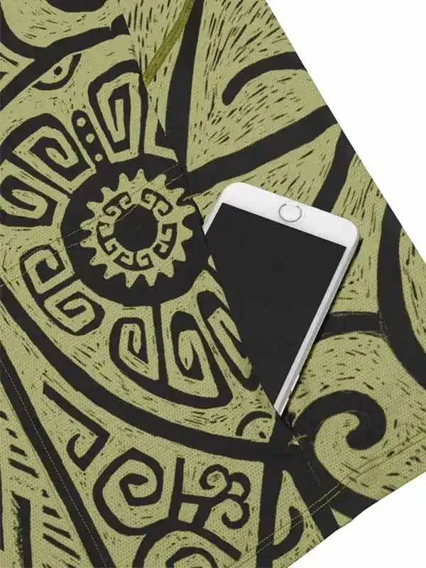 Men's cycling jersey with bold green and black tribal pattern, featuring phone pocket for convenience