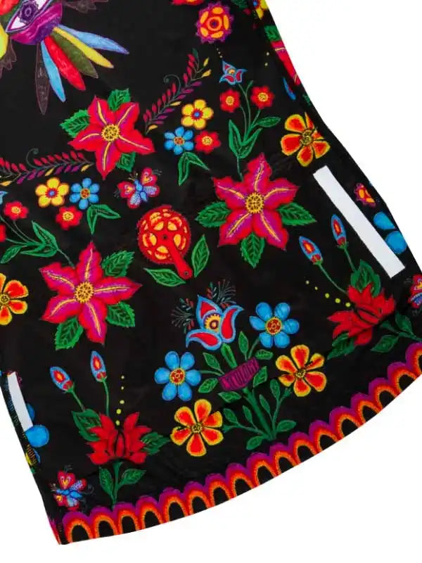 Vibrant floral cycling jersey with colorful flowers and butterflies on black fabric