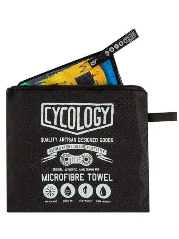 Cycology microfibre towel in black pouch, artisan-designed for cyclists, quick-dry & lightweight