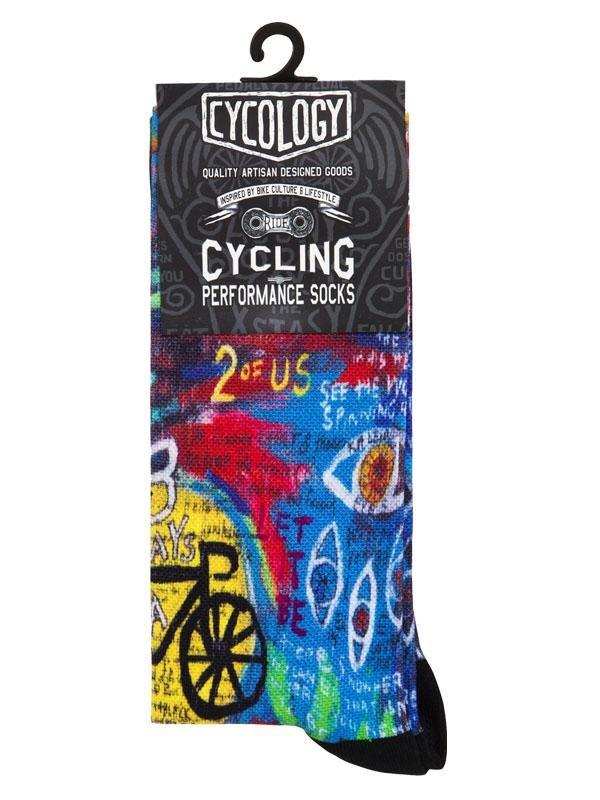 Colorful cycling performance socks with graffiti art, bike graphics, and bold text design for riders