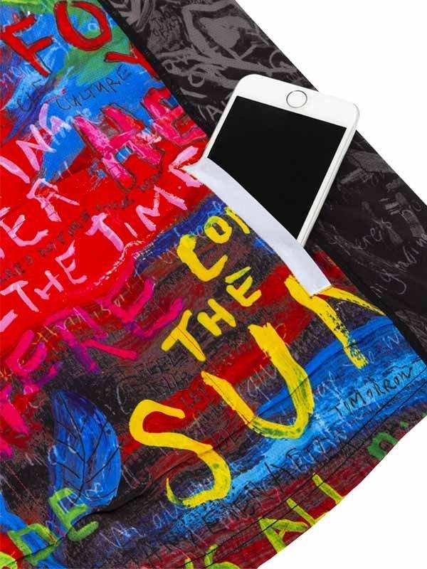 Colorful graffiti-style cycling jersey with phone pocket, vibrant text design for men and women
