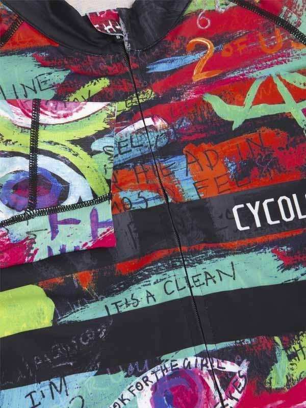 Vibrant graffiti-style cycling jersey with bold text and colorful abstract designs for men and women.