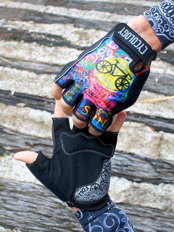 Colorful fingerless cycling gloves with bike graphics and breathable design for men and women