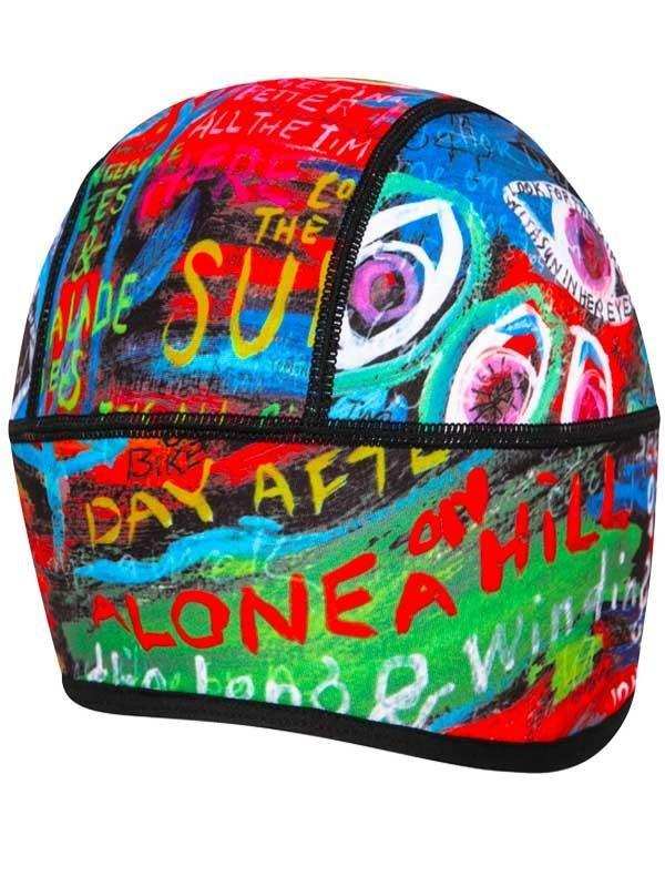 Colorful graffiti-style cycling cap with bold text and eye graphics for road bike rides