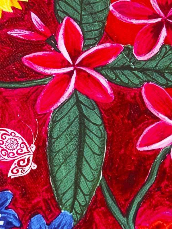Vibrant red floral pattern with green leaves and white butterfly on cycling apparel fabric