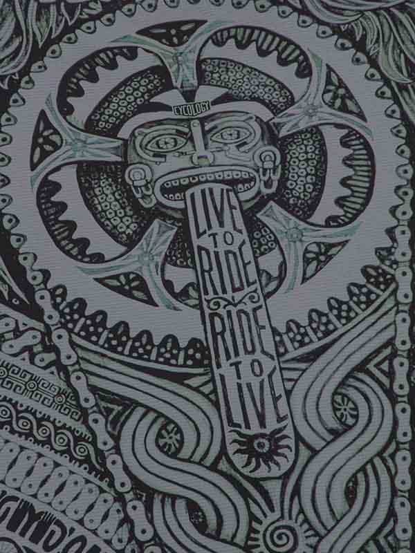 Cycling apparel graphic with 'Live to Ride, Ride to Live' slogan and intricate chain-inspired design