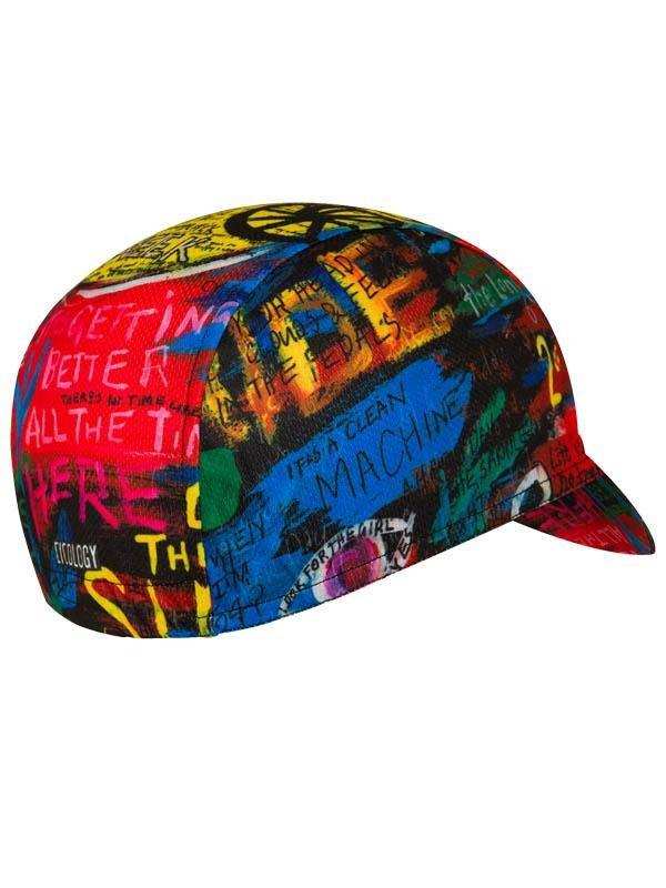 Colorful cycling cap with vibrant graffiti-style text and designs for men and women