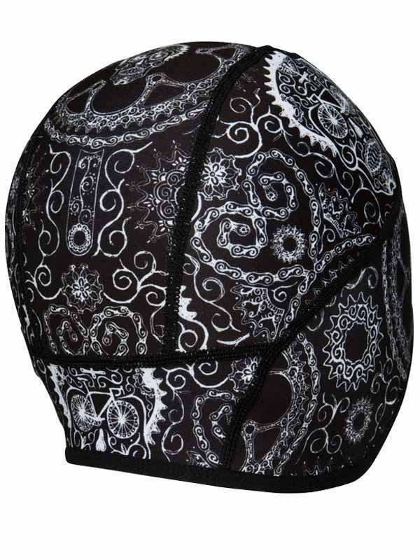 Black cycling skull cap with white paisley and bike gear pattern, breathable fabric for men and women
