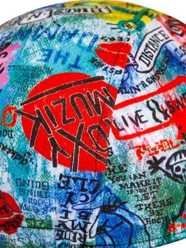 Vibrant graffiti-style cycling cap with bold text and colorful street art design