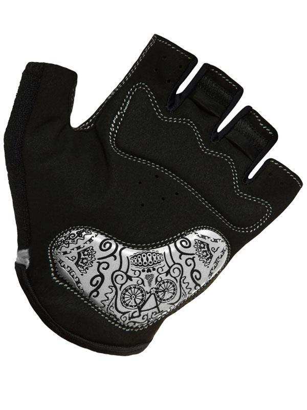 Black fingerless cycling glove with sugar skull design, breathable fabric, and padded palm for comfort.