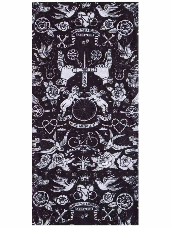 Black and white cycling-themed towel with roses, bikes, and inspirational quotes for cyclists