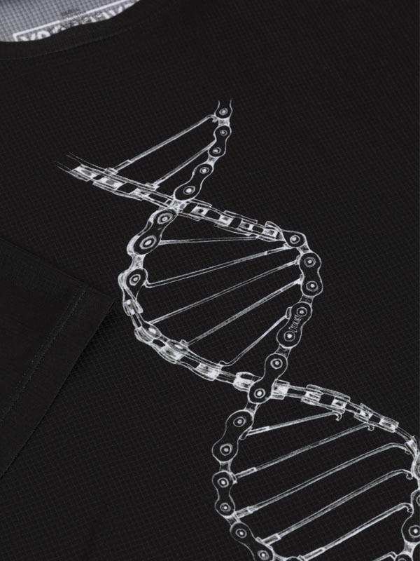 Black cycling jersey with white DNA chain graphic design, unique bike apparel