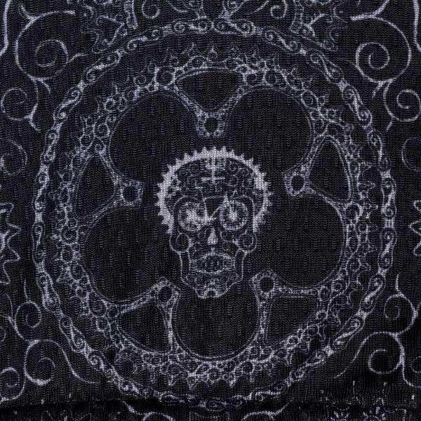 Skull and gear cycling jersey design on dark fabric, unique men's and women's bike wear