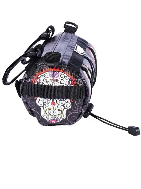 Cycling frame bag with sugar skull design, black straps, and drawstring closure for bike storage