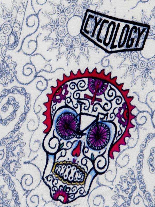 Cycology skull design cycling jersey with purple wheels and red gear accents on white fabric