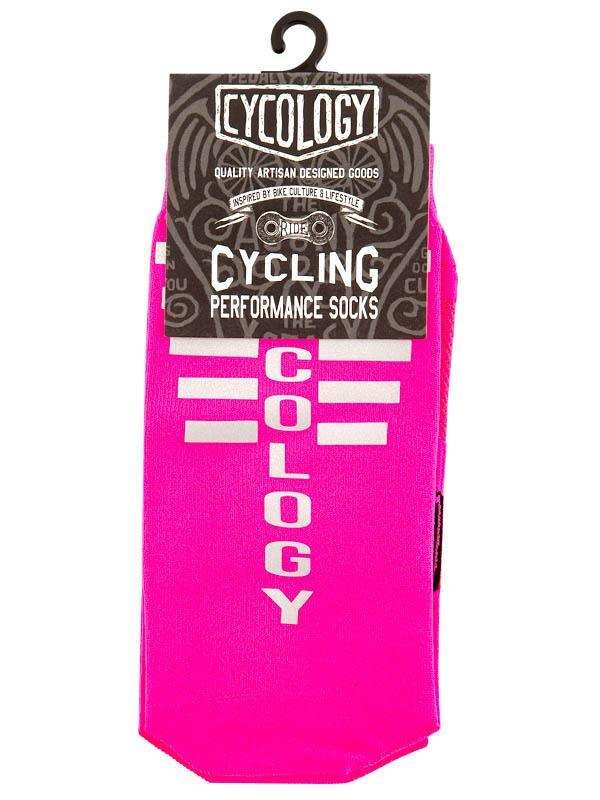 Bright pink cycling performance socks with bold white 'CYCOLOGY' lettering, designed for bike culture and lifestyle.