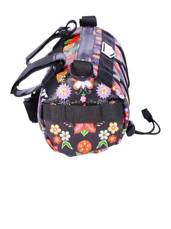 Floral pattern bike frame bag with black straps and secure buckles for cycling gear storage