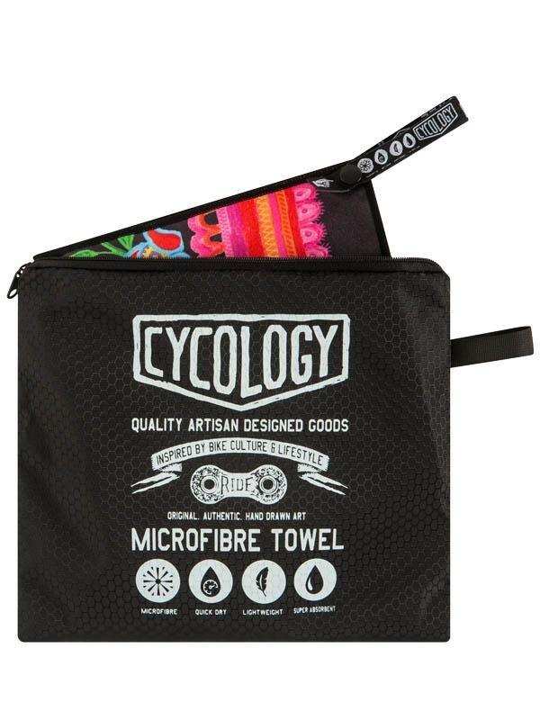 Cycology microfibre towel in black zip pouch, lightweight & quick-dry, inspired by bike culture