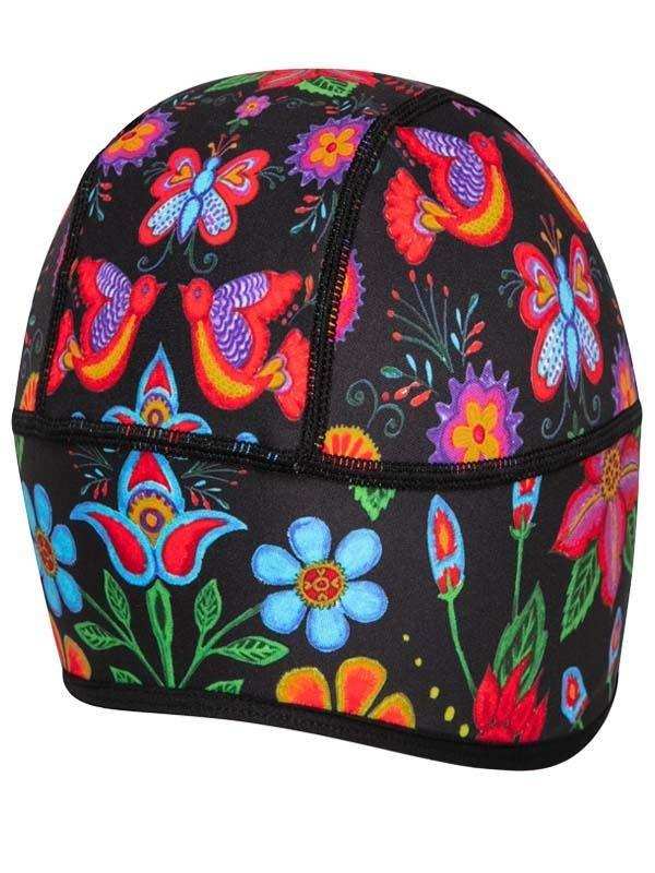 Colorful floral and butterfly patterned cycling cap for men and women, vibrant design on black fabric
