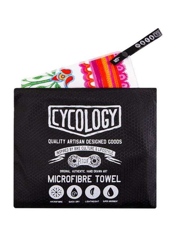 Cycology microfibre towel in black pouch, colorful floral design, quick-dry lightweight cycling accessory