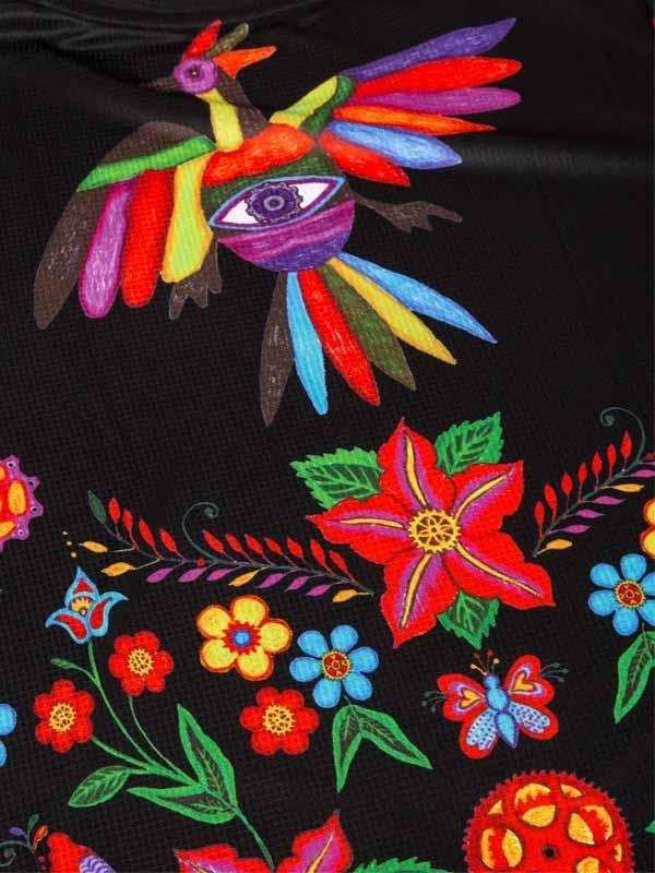 Vibrant bird and floral print on black cycling jersey, colorful design for men's and women's bike wear
