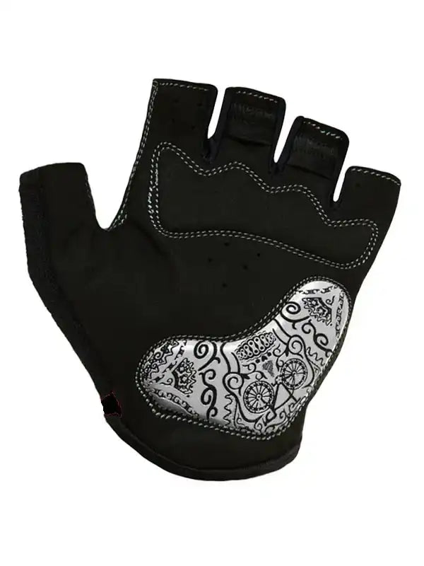 Black fingerless cycling glove with silver sugar skull and bike print palm padding