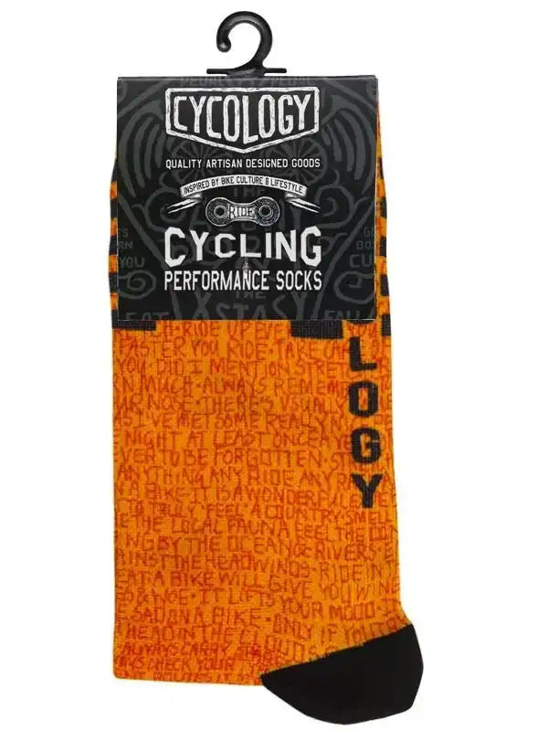 Orange cycling performance socks with black toe and 'LOGY' text, packaged for bike riders