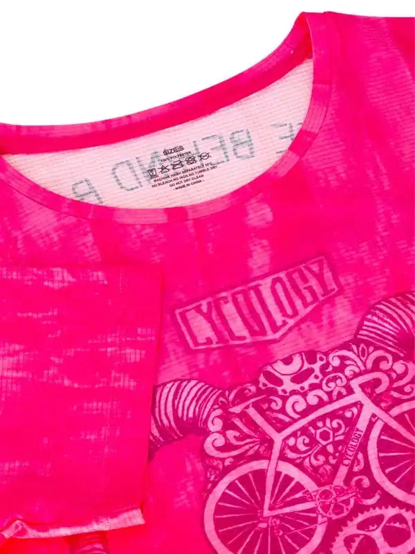 Pink women's cycling jersey with bike graphic and 'CYCOLOGY' logo, breathable fabric design