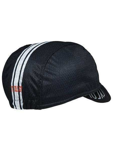 Black cycling cap with white stripes and red logo, designed for comfort and style on rides