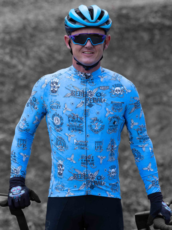 Rebel Pedal Blue Men's Long Sleeve Cycling Jersey on model | Cycology AUS